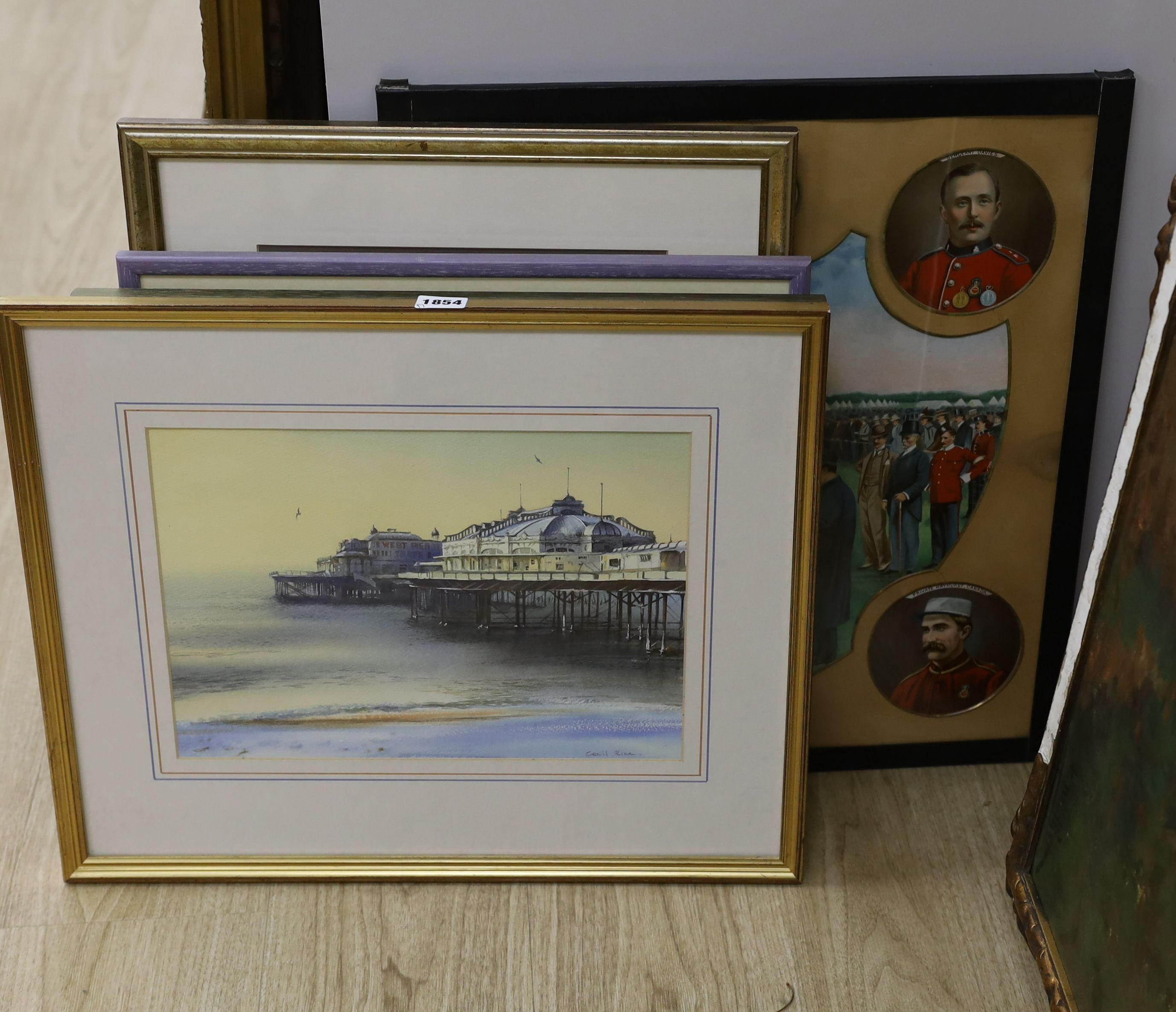 Sussex Interest: A watercolour of the West Pier, Brighton by Cecil Rice, 25 x 35cm, a Graham Clark print, 'Vita's White Garden', 27 x 34cm and two limited edition prints by Kathleen Caddick and Darren Wallace